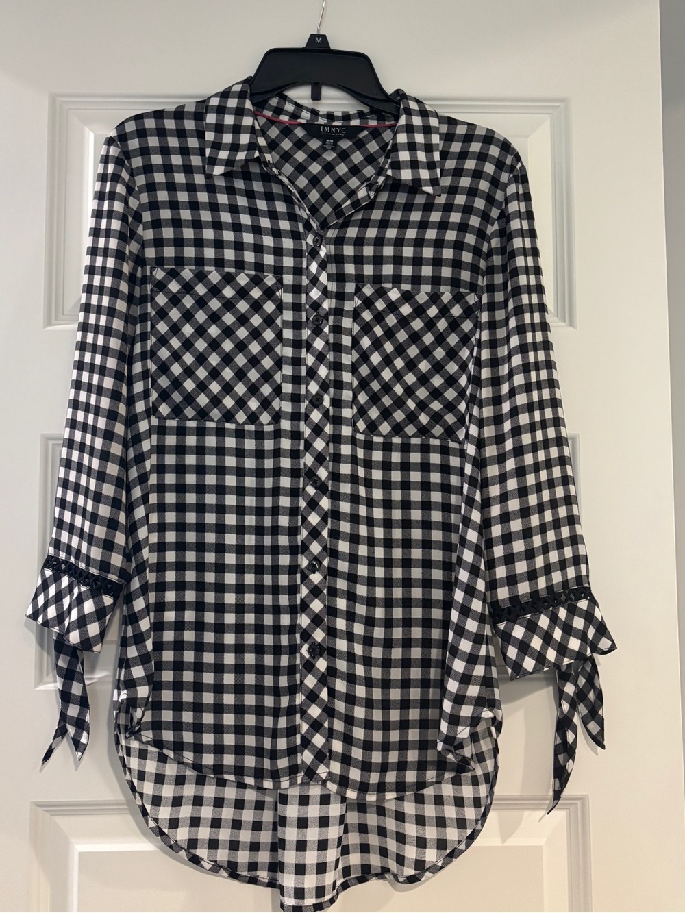 Black and White Checked Button-Up Tunic Blouse - Lightweight Women’s Top